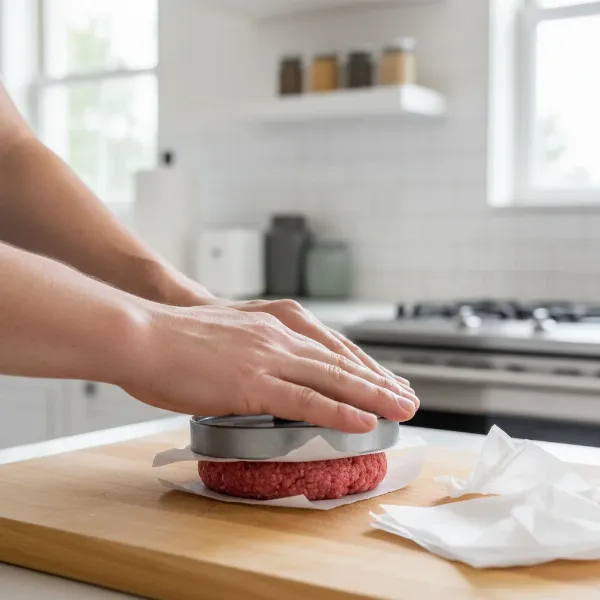 Hands using a burger press to form a perfectly shaped ground meat patty.