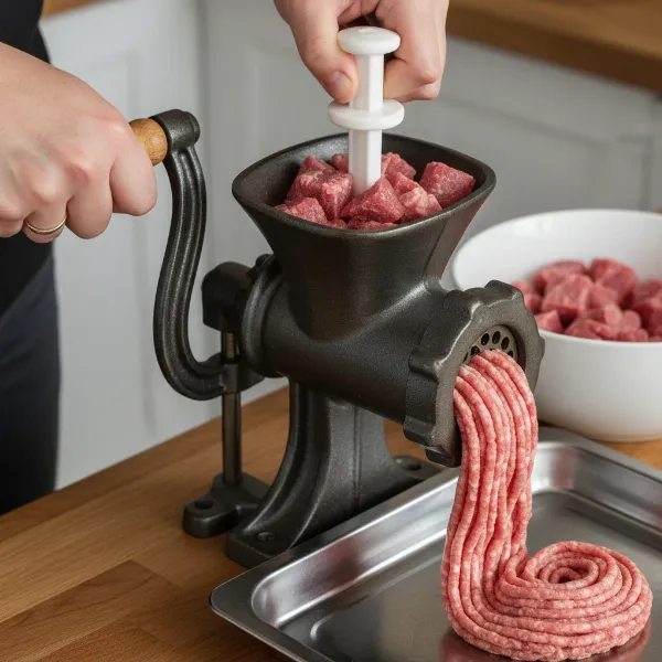 Person using a Victoria manual meat grinder with chilled meat cubes and a pusher for consistent grinding.