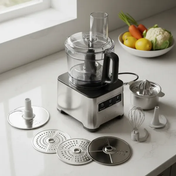 A modern food processor with a variety of blades and discs demonstrating its multi-functional capabilities.