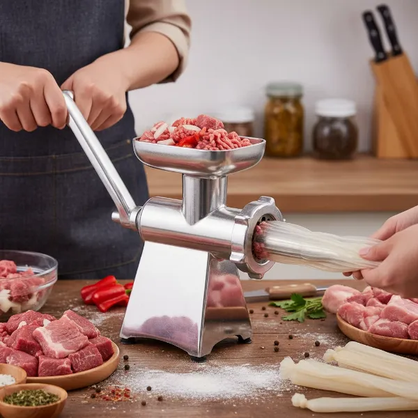 Huanyu manual meat grinder used for making sausages and processing various ingredients.