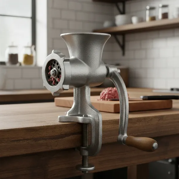 Victoria cast iron manual meat grinder securely clamped to a kitchen countertop, showcasing its robust design.