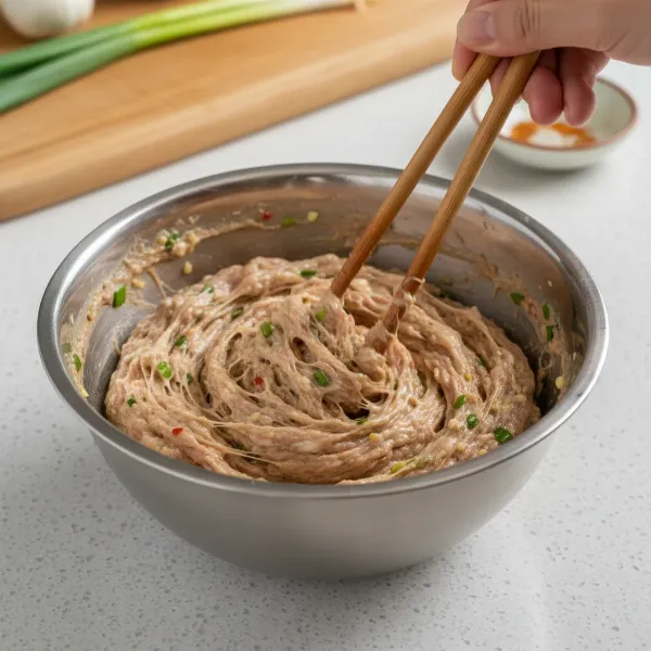 Hands or chopsticks vigorously mixing ground pork filling to achieve a sticky, cohesive texture.