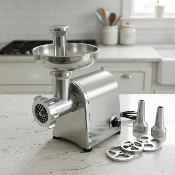 A Waring Pro MG855 professional die-cast meat grinder with a brushed stainless-steel housing on a kitchen counter.