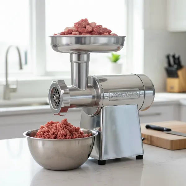 A Weston #8 electric meat grinder in a home kitchen, ready for grinding meat for family meals.