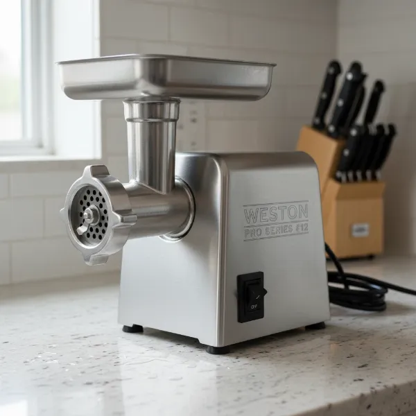 Weston Pro Series #12 electric meat grinder on a kitchen counter